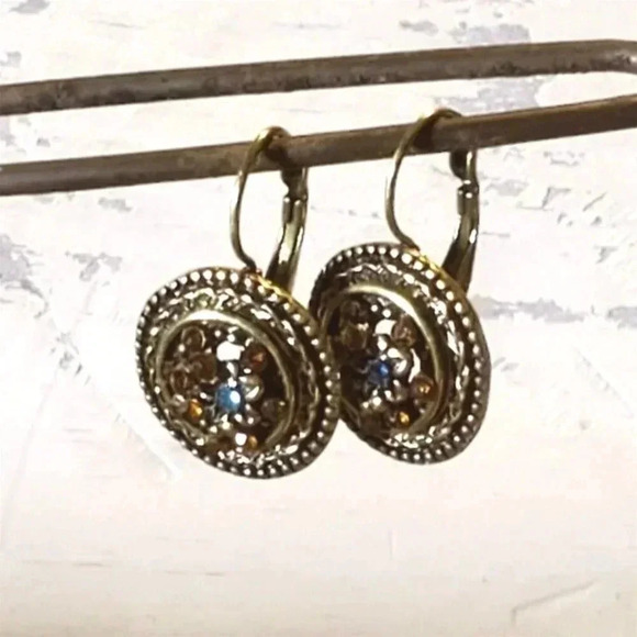 Antique Brass Orange Blue Rhinestone Art Nouveau Style Leverback Earrings - Picture 7 of 12